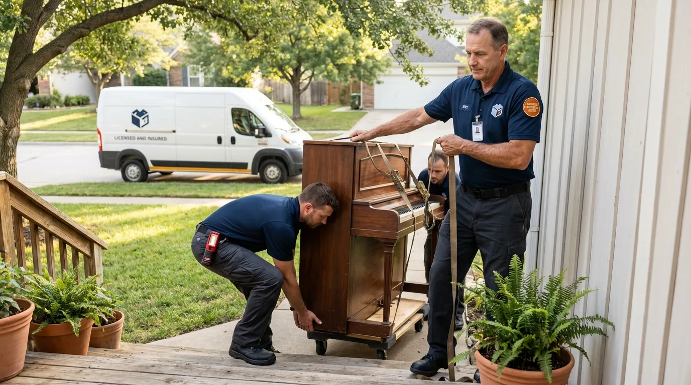 Licensed piano movers securing grand piano in Carpentersville, IL