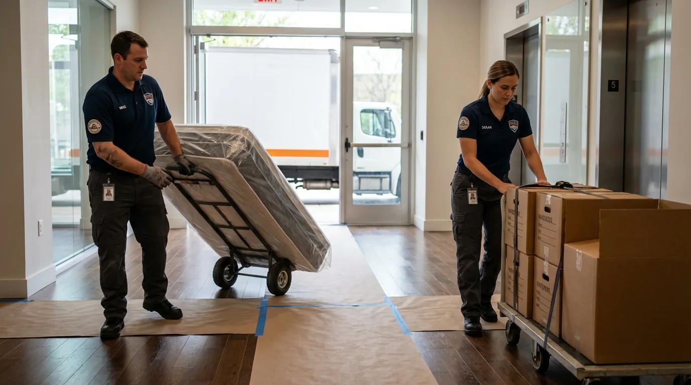 Professional apartment movers loading elevator in Carpentersville, IL